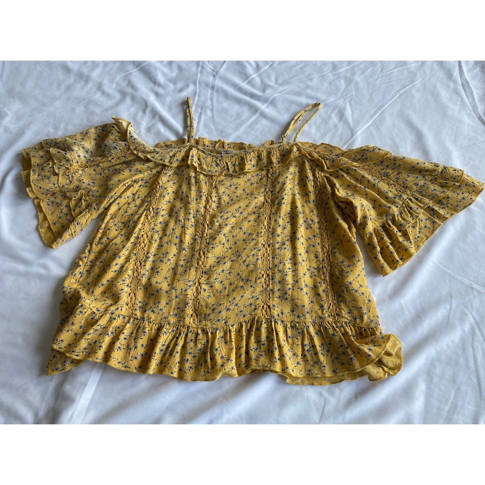 American Eagle Women Floral Ruffle BOHO Cold Shoulder Top Size XS Yellow Blue
